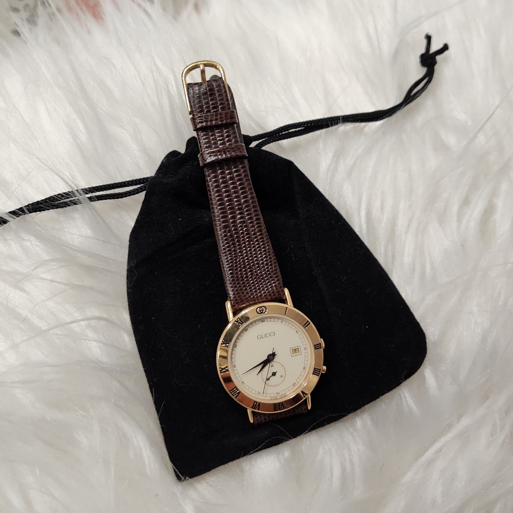 Vintage 90's Gucci 3800 Jr Wristwatch, 18k Gold Plated, Lizard Calf Band 5/8R, - Picture 5 of 16